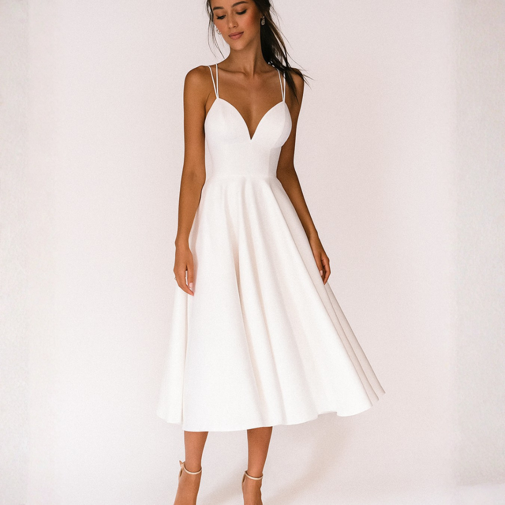 Nuvara | Noelia | Vestido Midi de Tirantes para Invitadas de Boda | Escote V | Falda con Vuelo
