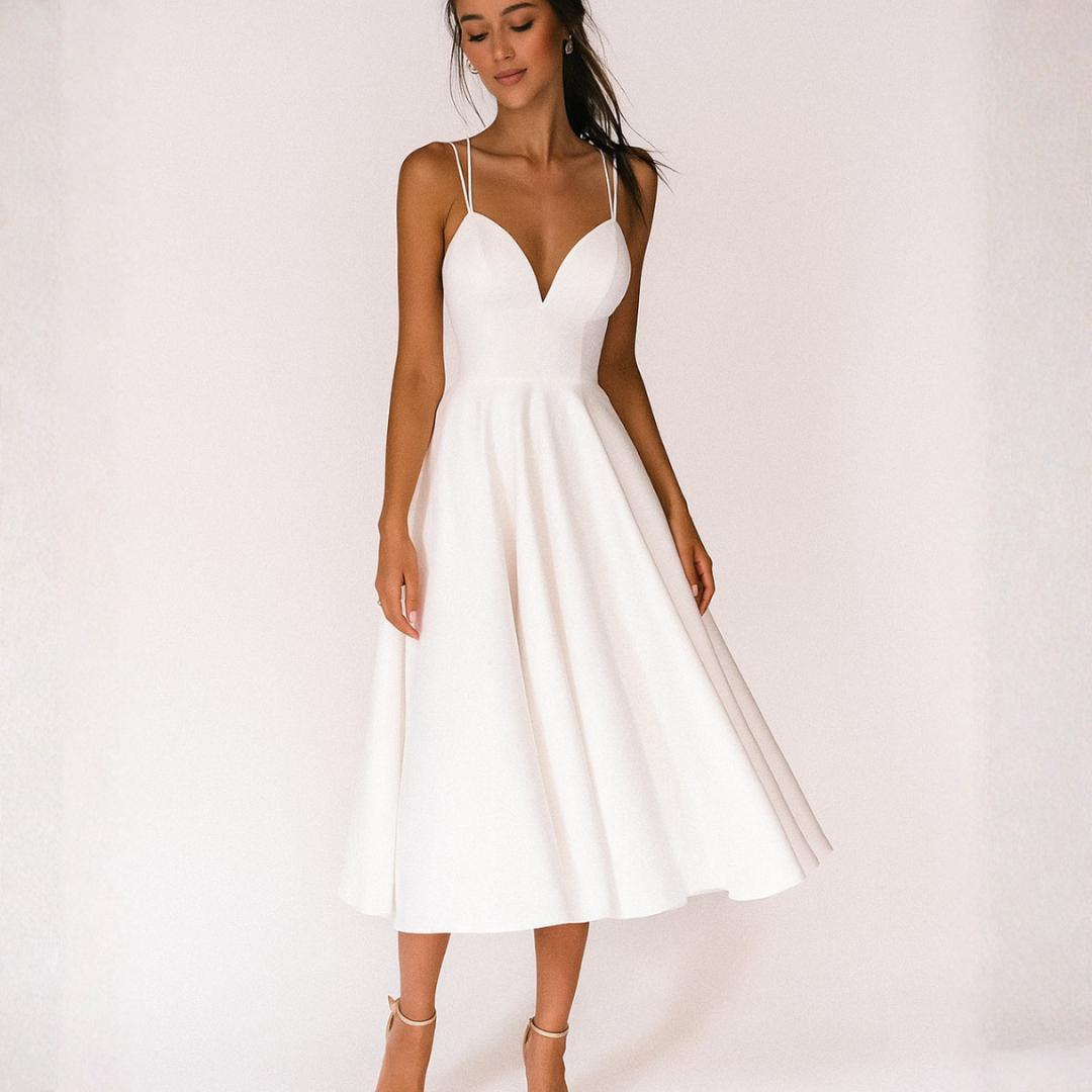 Nuvara | Noelia | Vestido Midi de Tirantes para Invitadas de Boda | Escote V | Falda con Vuelo