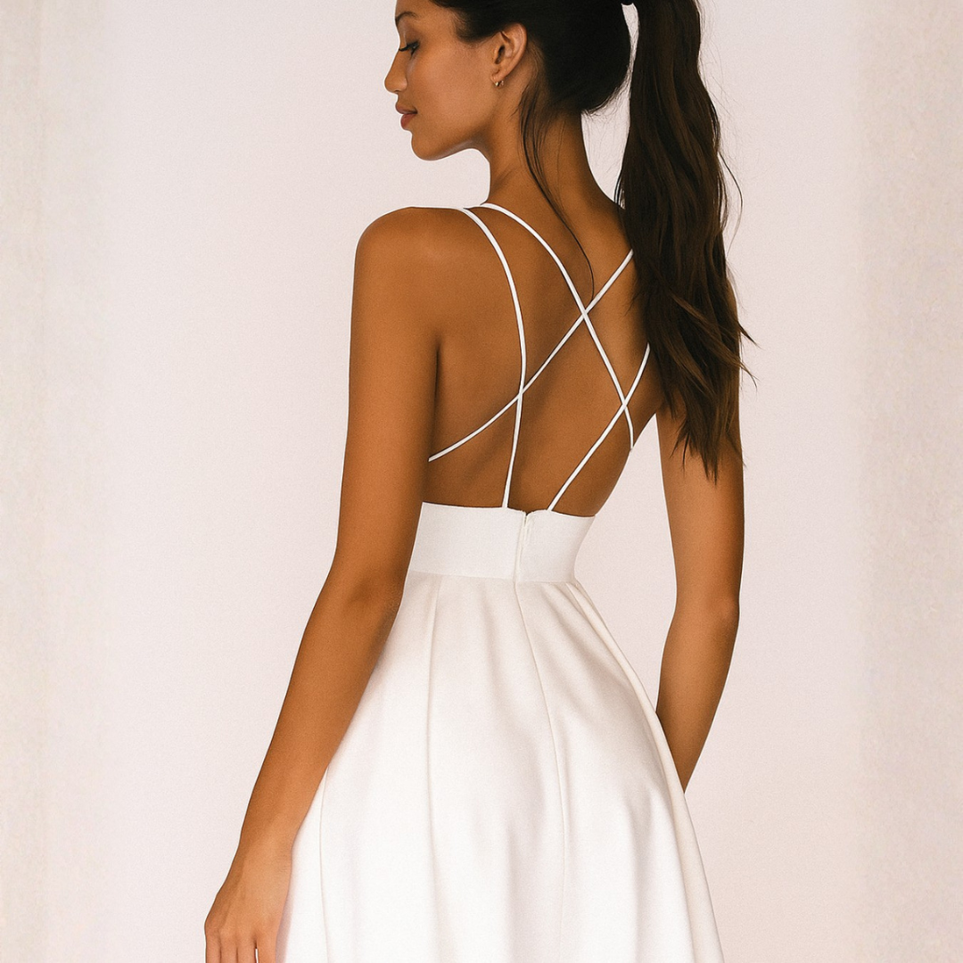 Nuvara | Noelia | Vestido Midi de Tirantes para Invitadas de Boda | Escote V | Falda con Vuelo