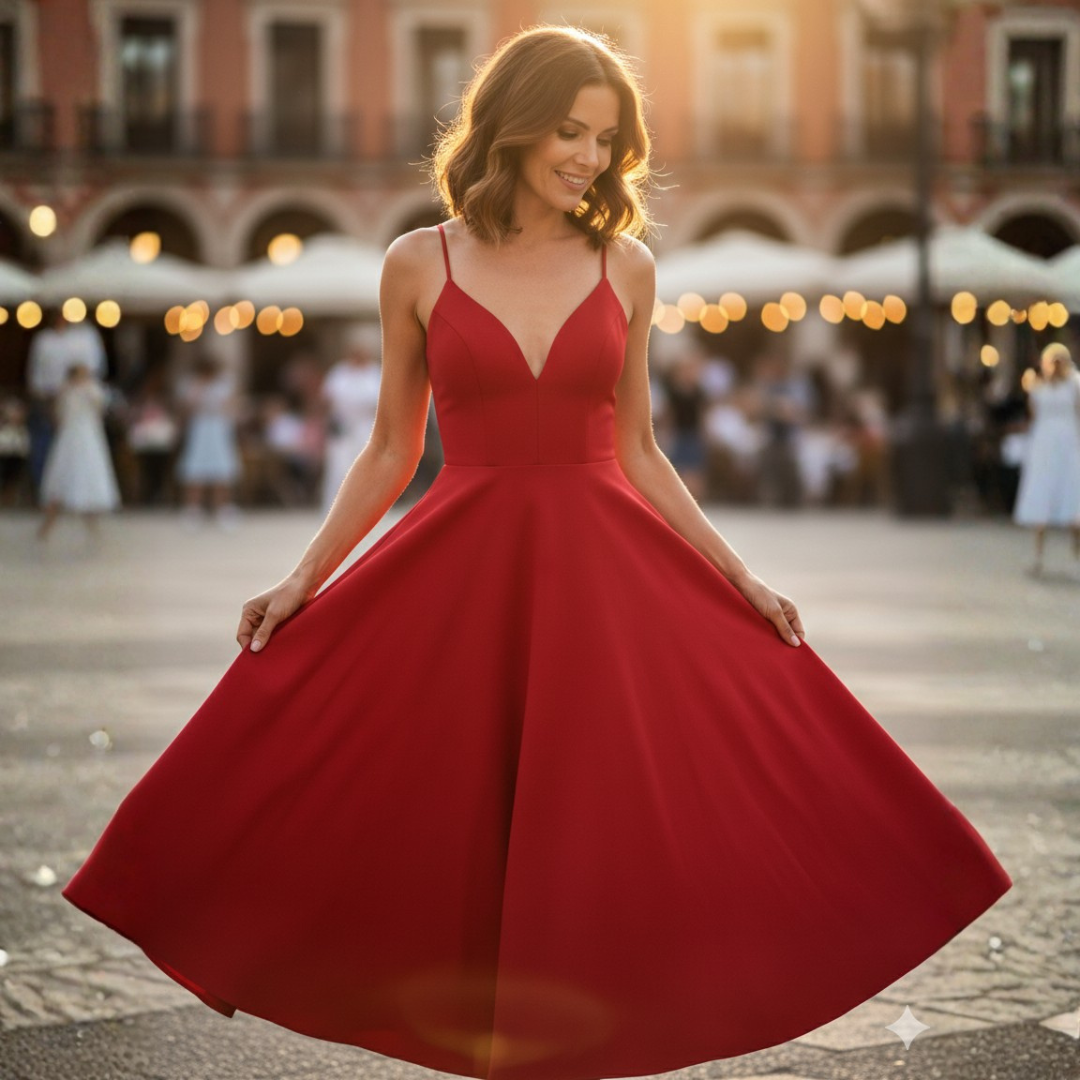 Nuvara | Noelia | Vestido Midi de Tirantes para Invitadas de Boda | Escote V | Falda con Vuelo