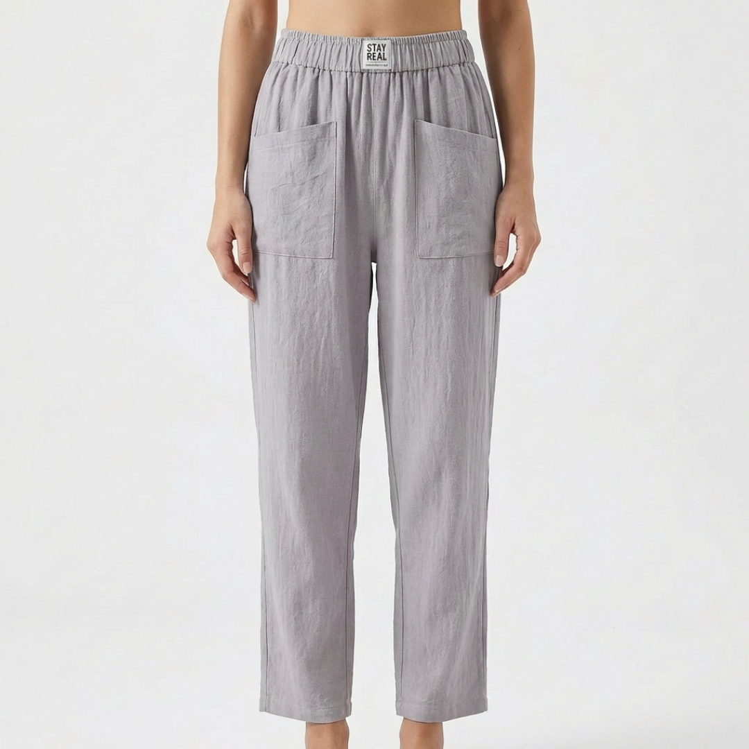 Nuvara | Sofía | Pantalón Lino Mujer con Cintura Elástica y Bolsillos Parche