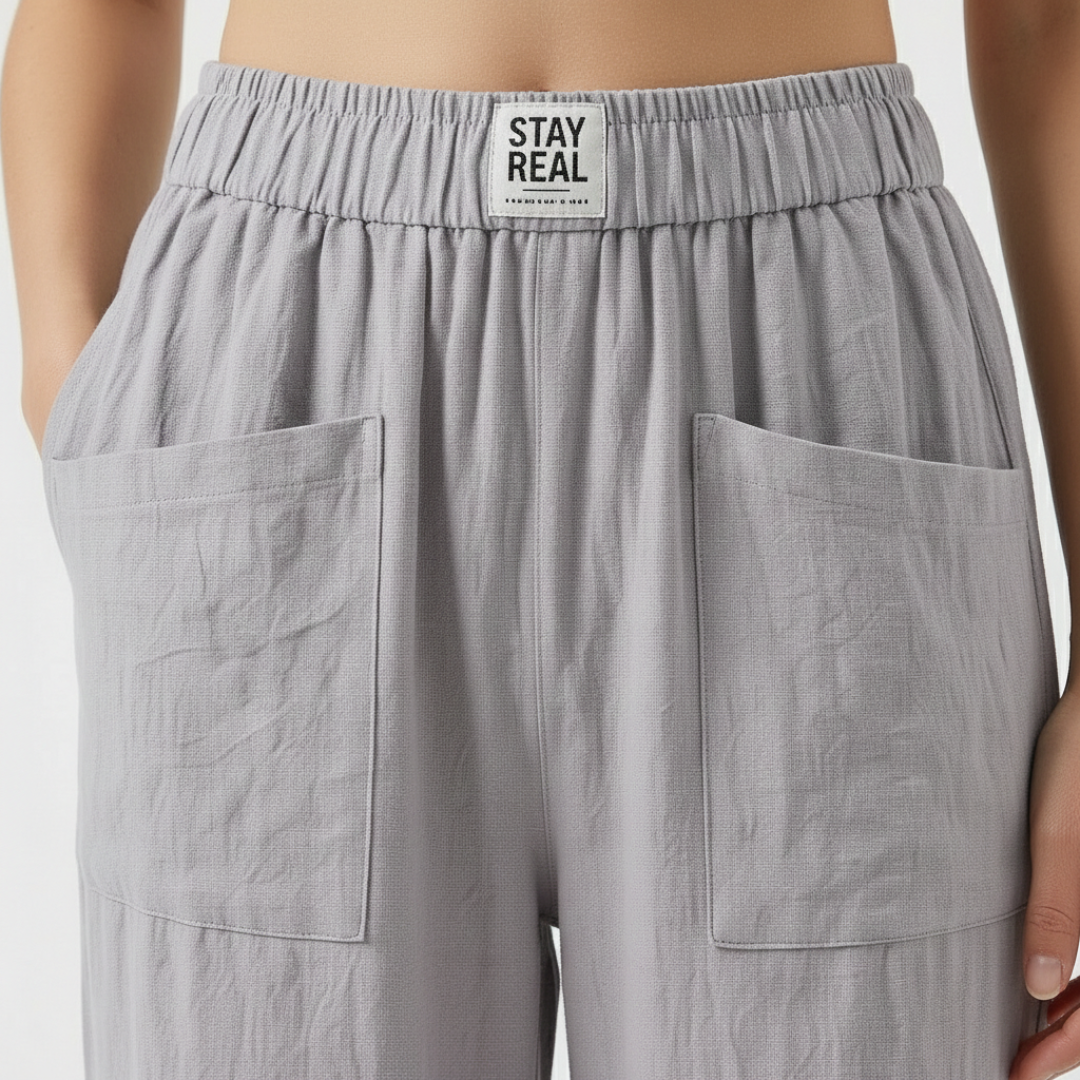 Nuvara | Sofía | Pantalón Lino Mujer con Cintura Elástica y Bolsillos Parche