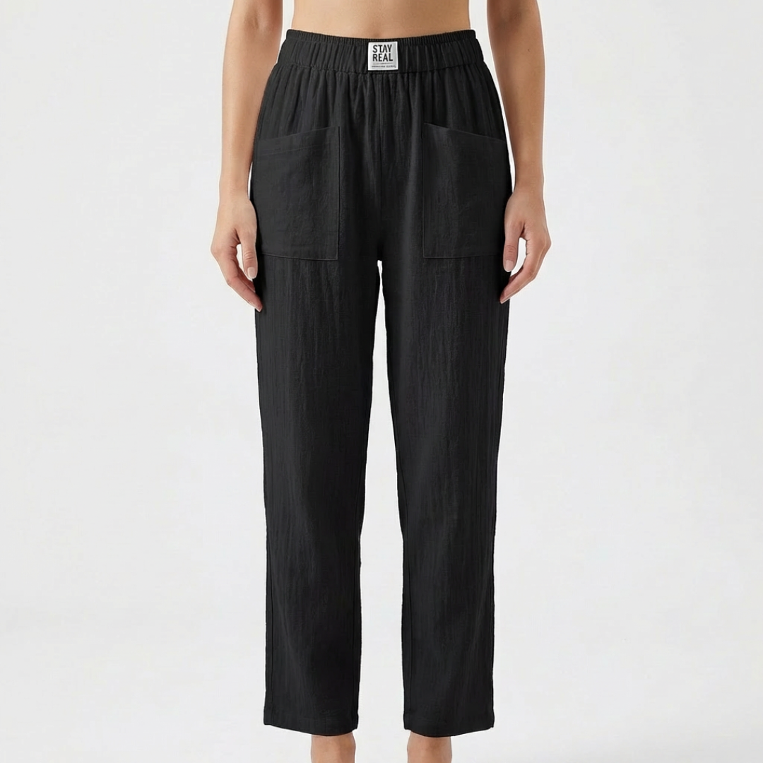 Nuvara | Sofía | Pantalón Lino Mujer con Cintura Elástica y Bolsillos Parche