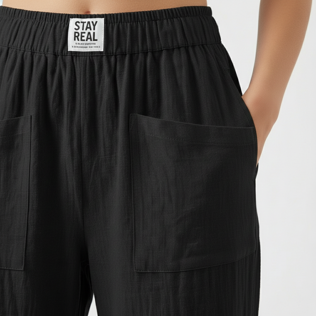 Nuvara | Sofía | Pantalón Lino Mujer con Cintura Elástica y Bolsillos Parche