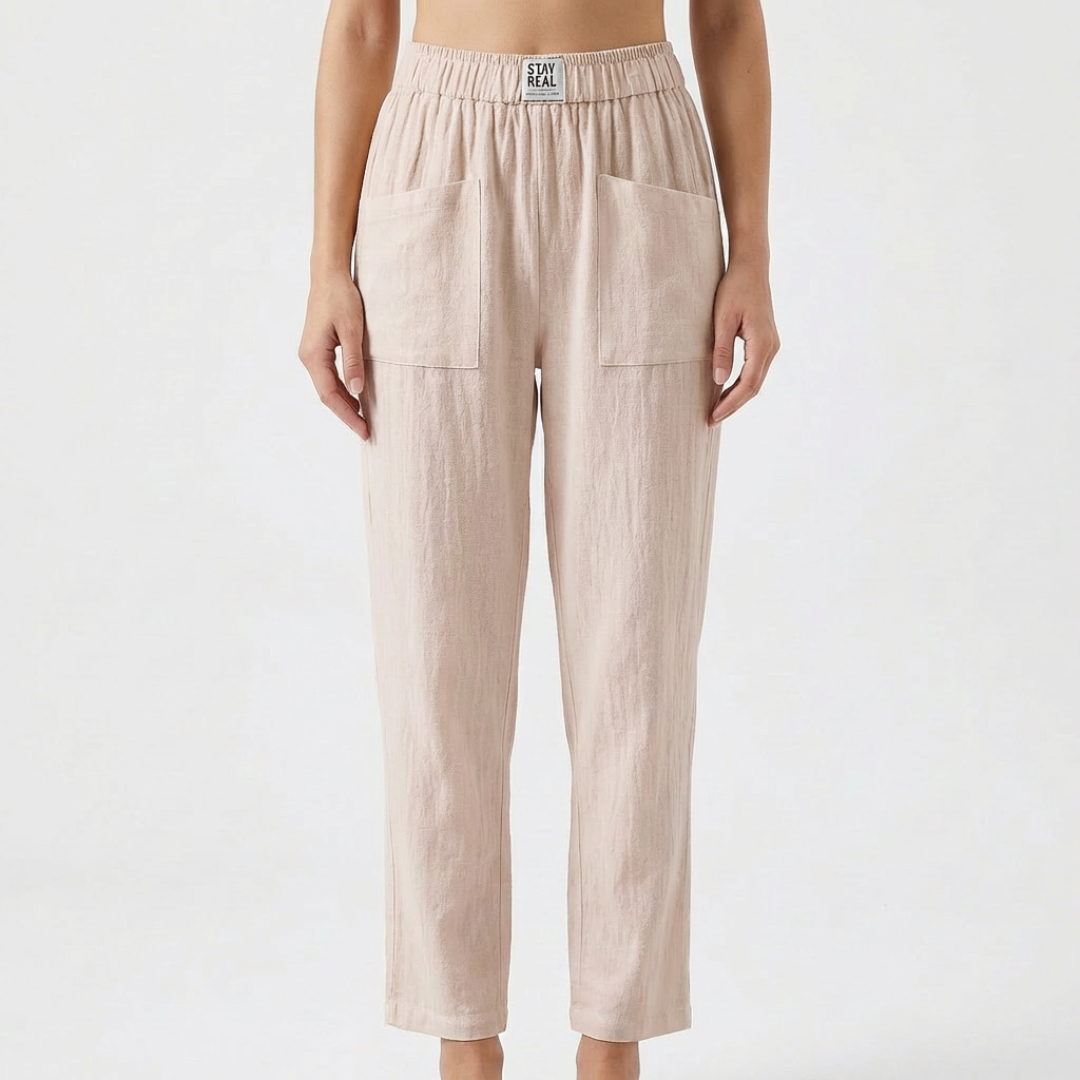 Nuvara | Sofía | Pantalón Lino Mujer con Cintura Elástica y Bolsillos Parche