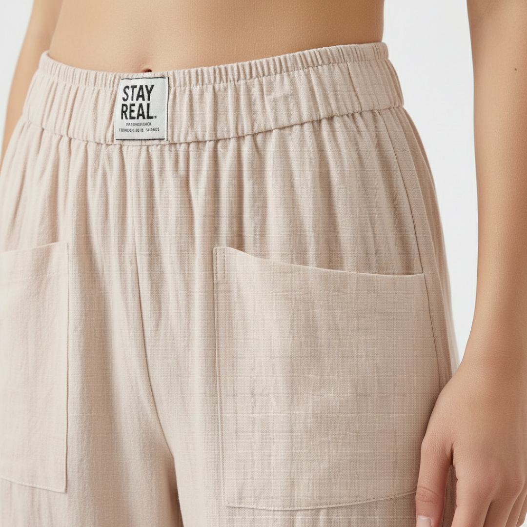 Nuvara | Sofía | Pantalón Lino Mujer con Cintura Elástica y Bolsillos Parche