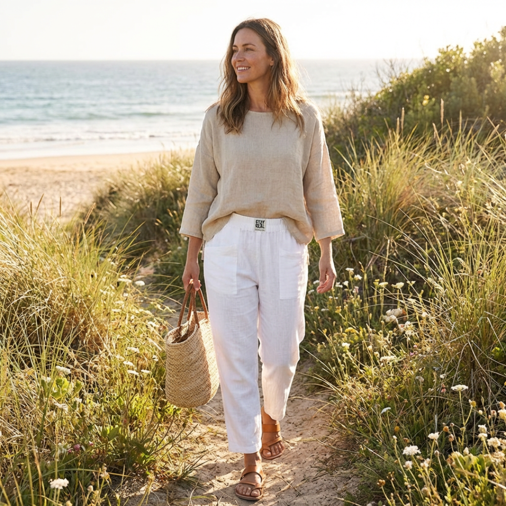 Nuvara | Sofía | Pantalón Lino Mujer con Cintura Elástica y Bolsillos Parche