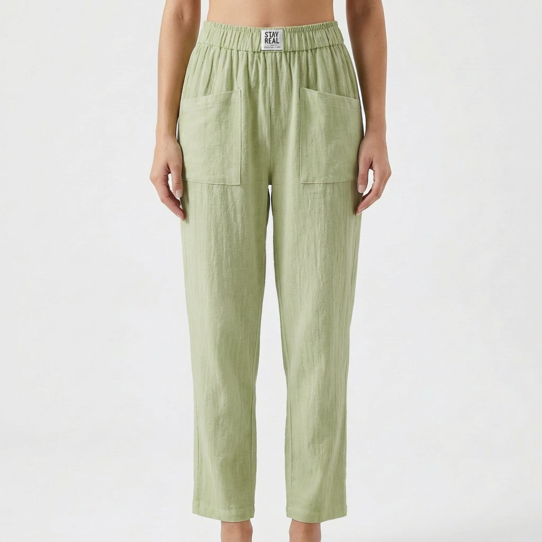 Nuvara | Sofía | Pantalón Lino Mujer con Cintura Elástica y Bolsillos Parche