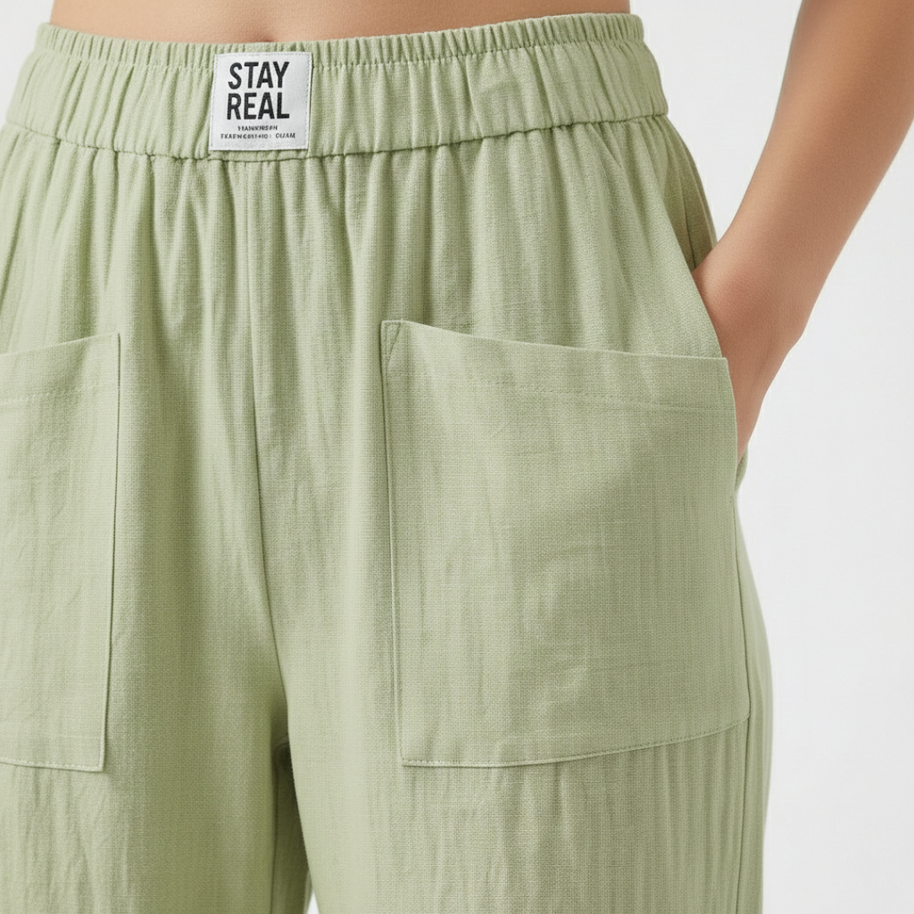Nuvara | Sofía | Pantalón Lino Mujer con Cintura Elástica y Bolsillos Parche