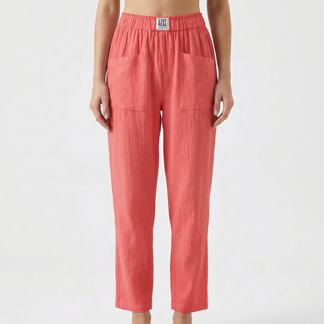 Nuvara | Sofía | Pantalón Lino Mujer con Cintura Elástica y Bolsillos Parche
