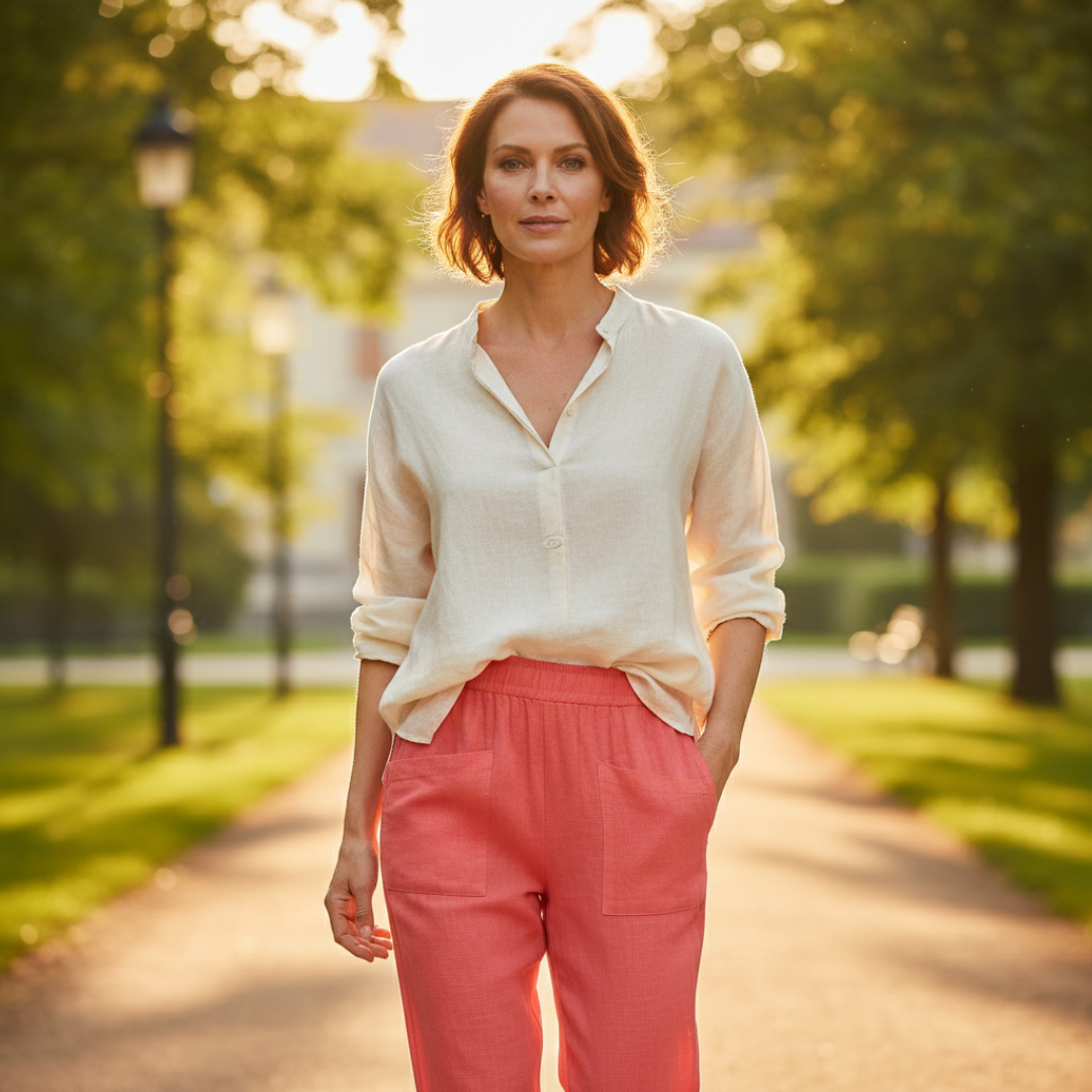 Nuvara | Sofía | Pantalón Lino Mujer con Cintura Elástica y Bolsillos Parche