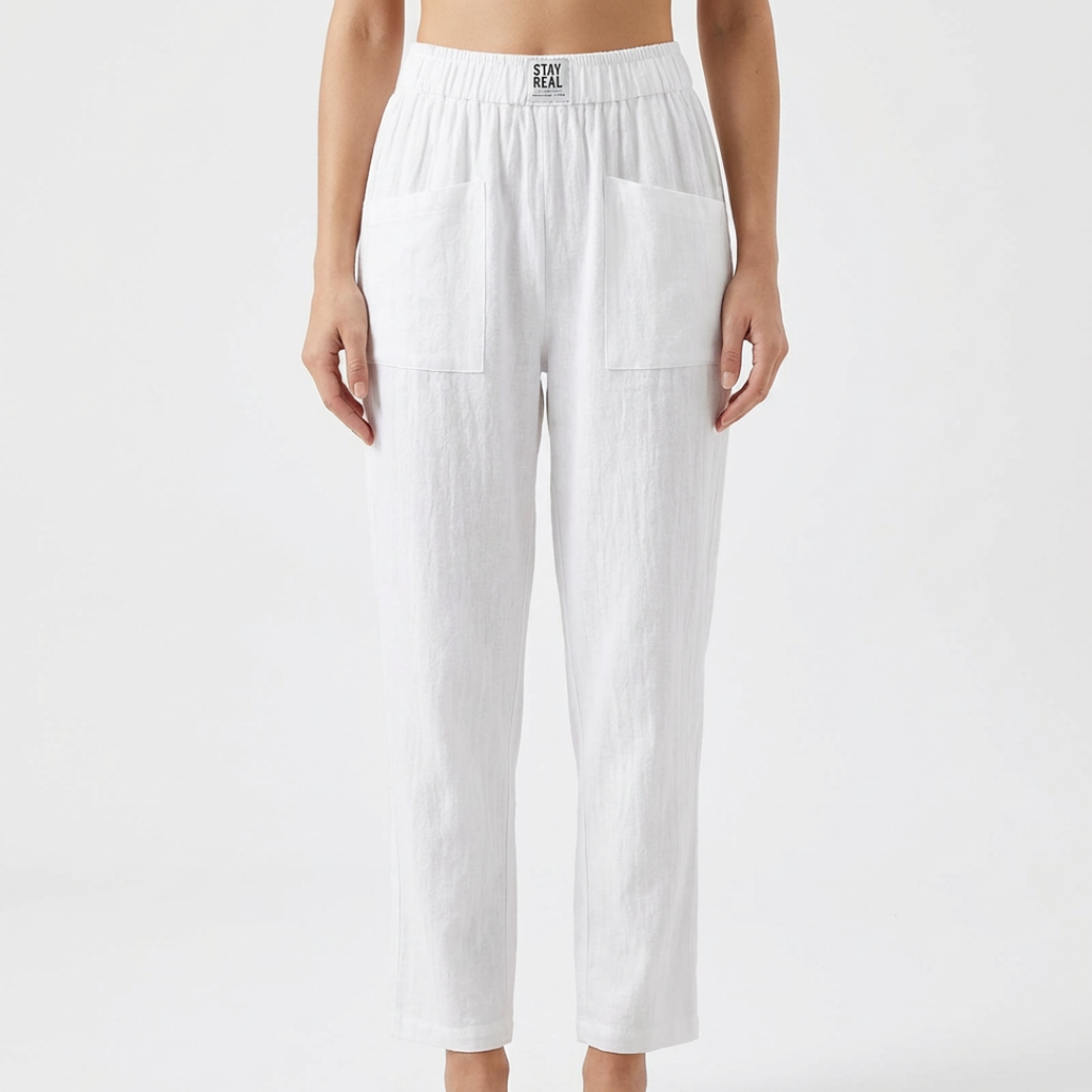 Nuvara | Sofía | Pantalón Lino Mujer con Cintura Elástica y Bolsillos Parche
