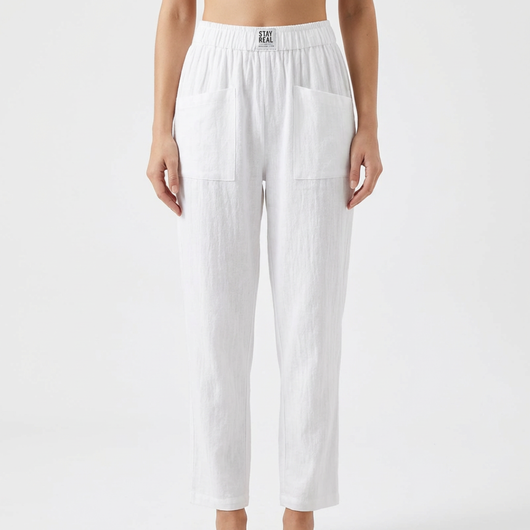 Nuvara | Sofía | Pantalón Lino Mujer con Cintura Elástica y Bolsillos Parche