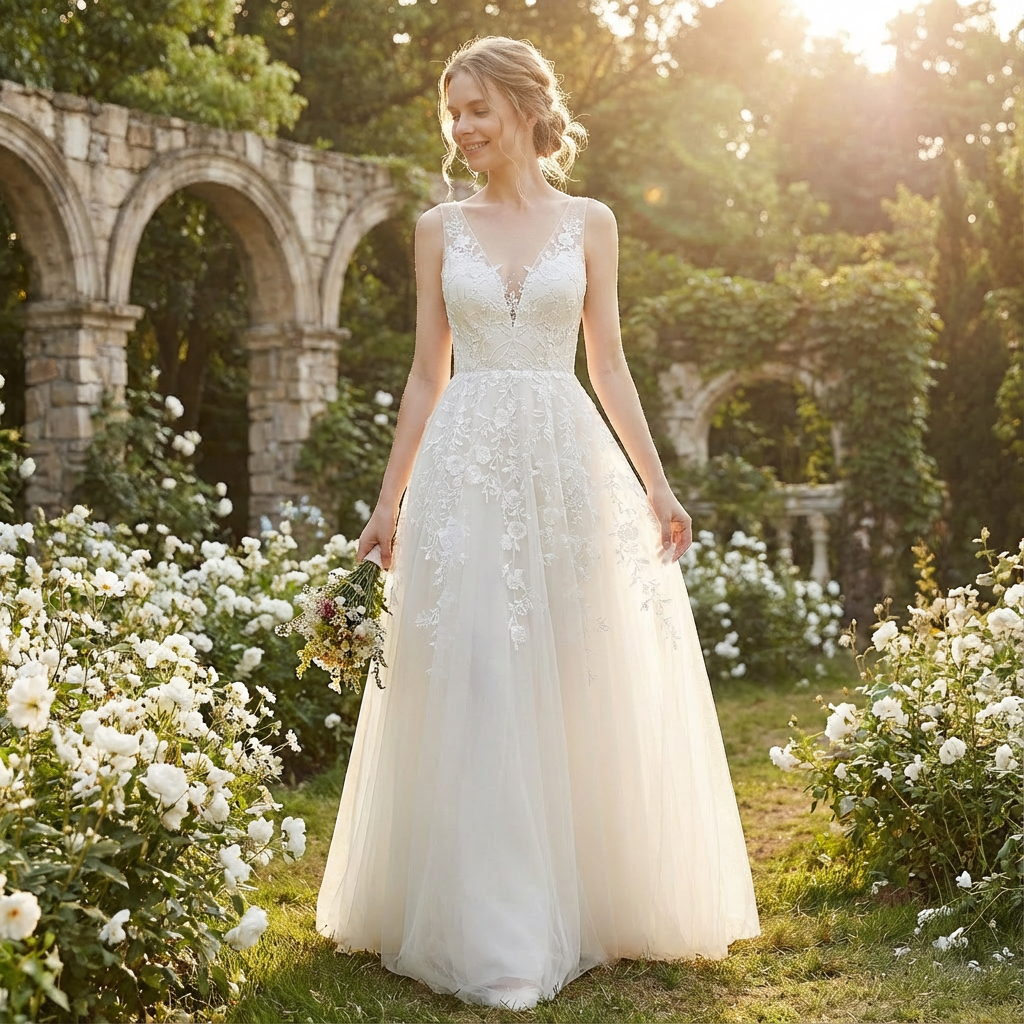 Nuvara | Nadina | Vestido de Novia Largo Escote en V Encaje Floral Falda Tul