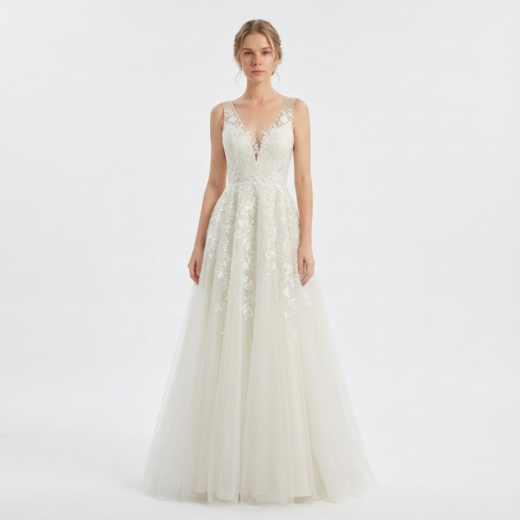 Nuvara | Nadina | Vestido de Novia Largo Escote en V Encaje Floral Falda Tul