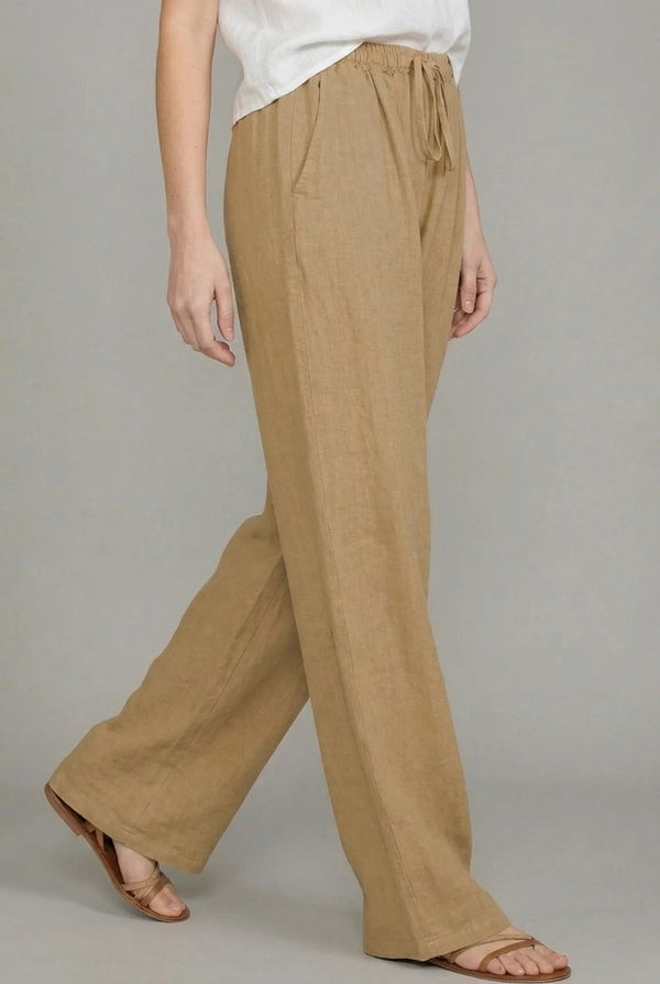 Nuvara | Abril | Pantalón de Lino Pierna Ancha Mujer Cintura Elástica Cordón