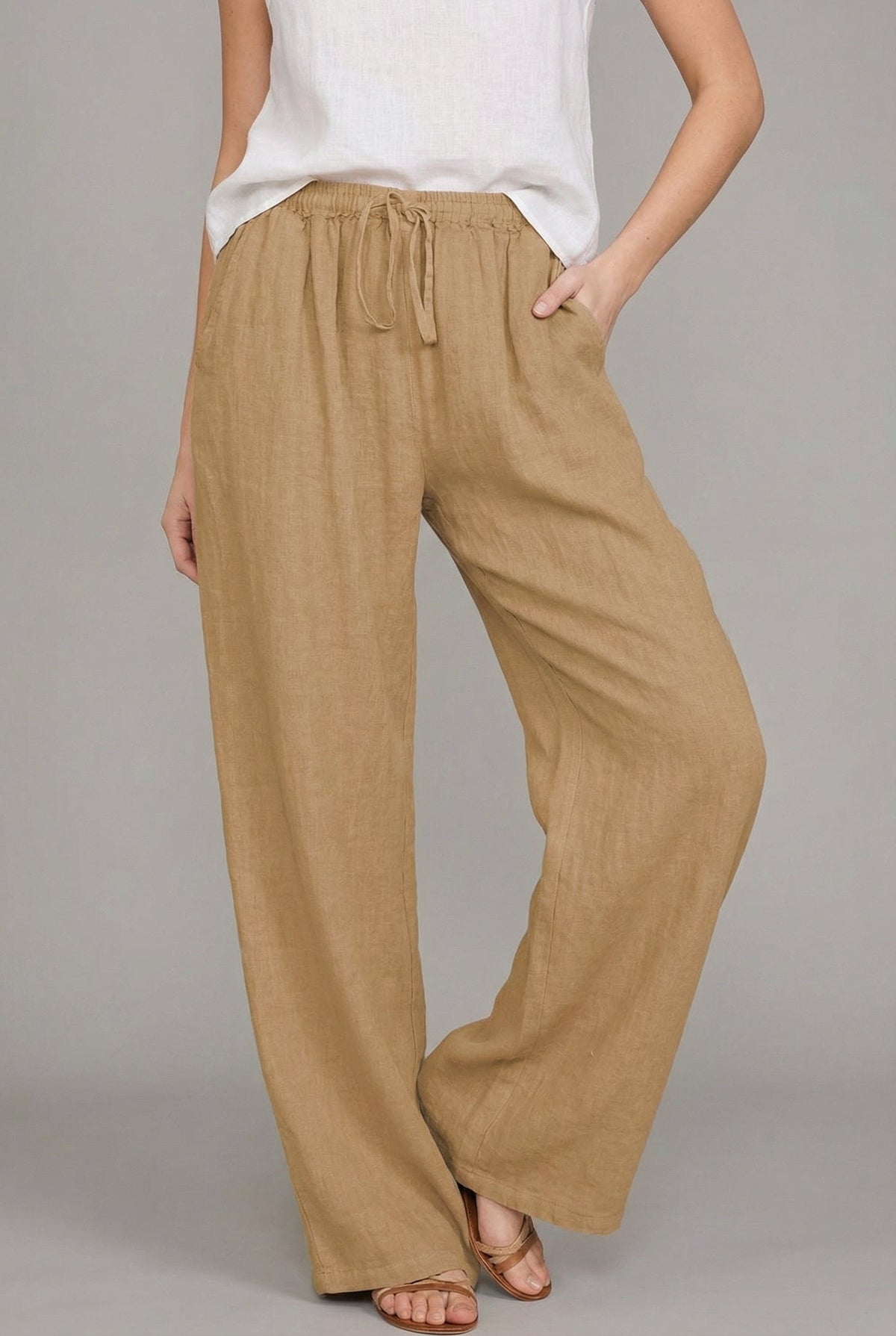 Nuvara | Abril | Pantalón de Lino Pierna Ancha Mujer Cintura Elástica Cordón