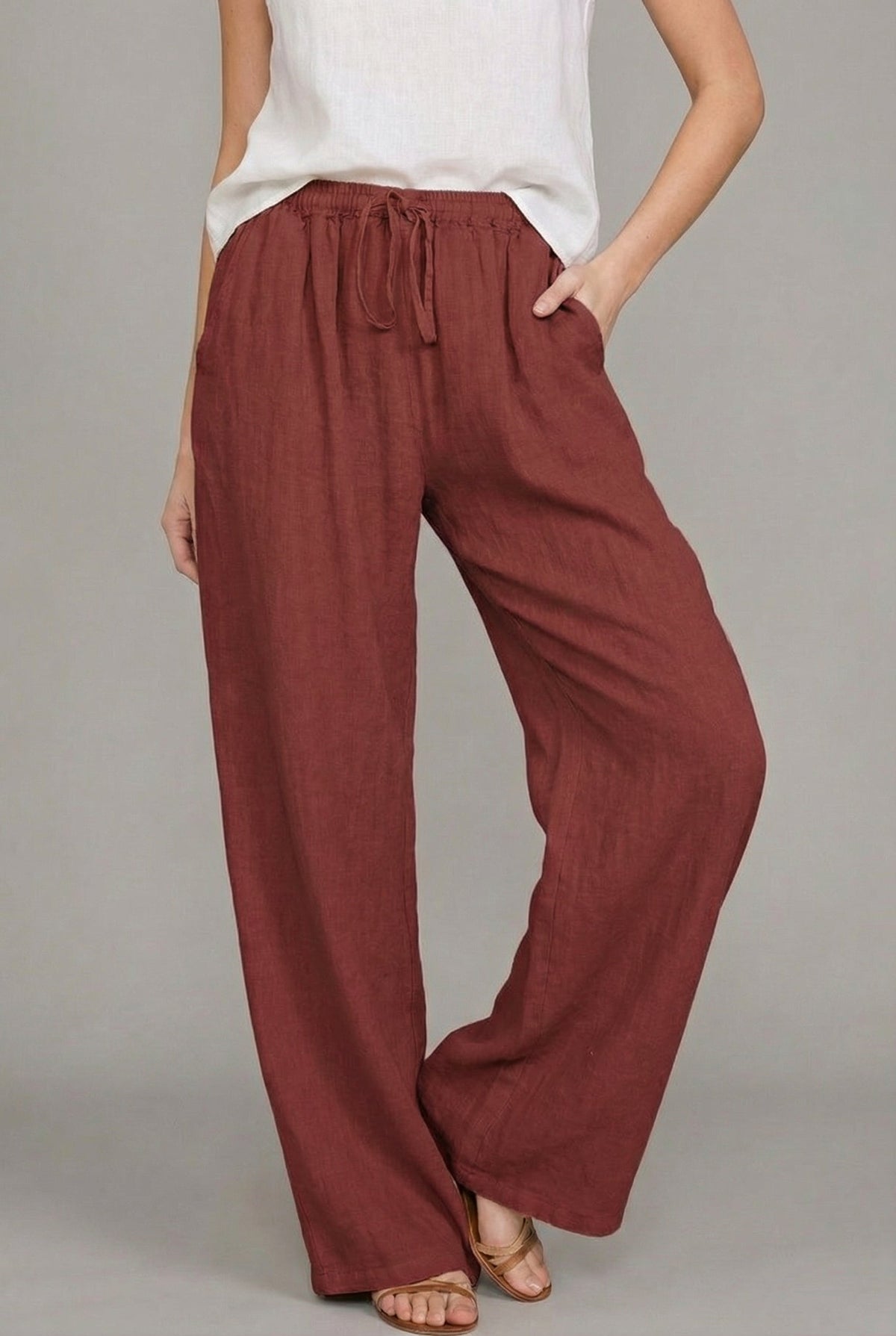 Nuvara | Abril | Pantalón de Lino Pierna Ancha Mujer Cintura Elástica Cordón