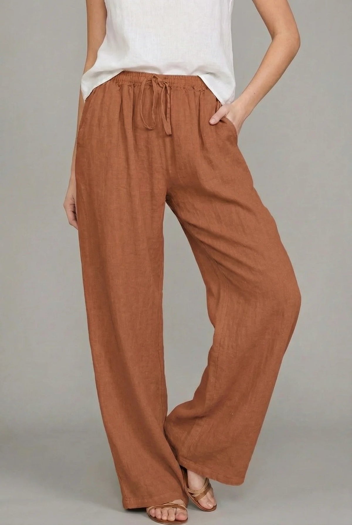 Nuvara | Abril | Pantalón de Lino Pierna Ancha Mujer Cintura Elástica Cordón