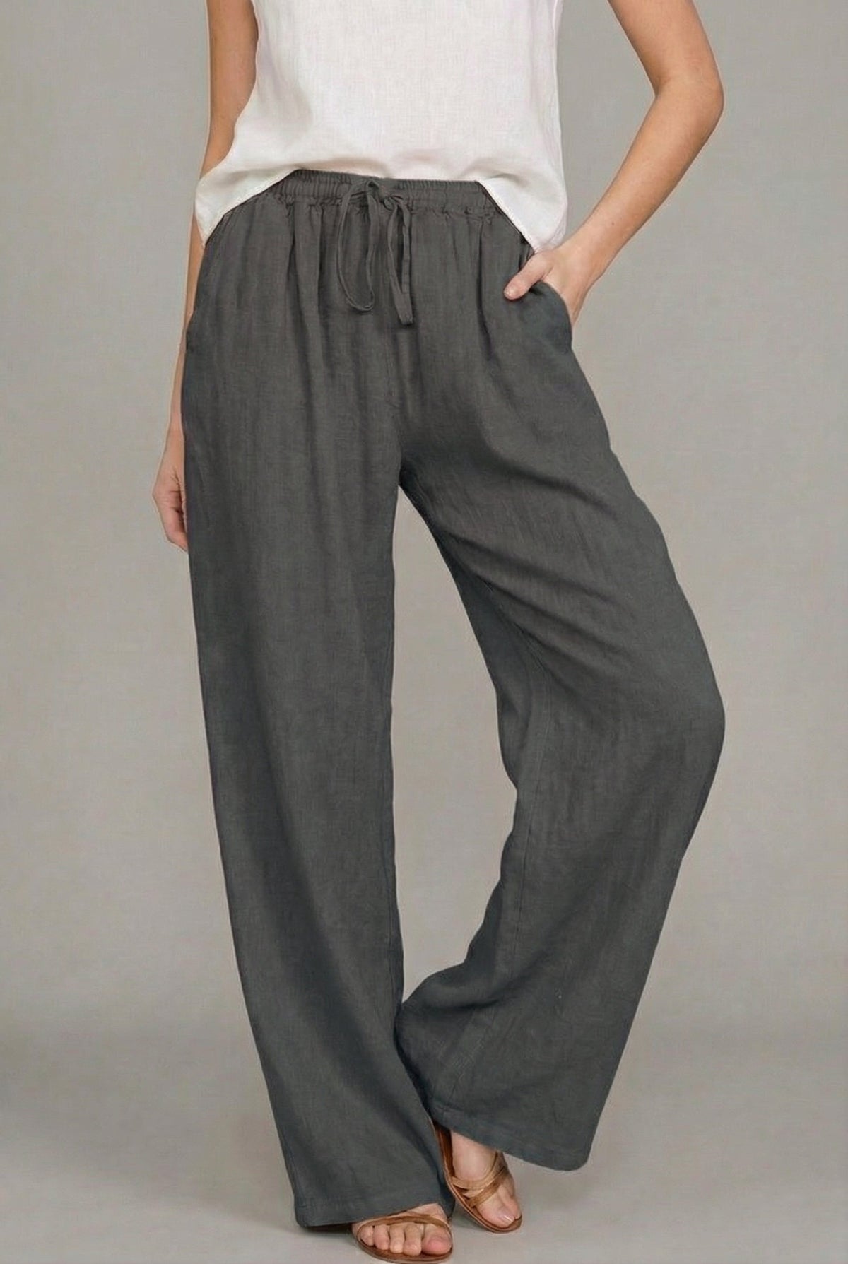 Nuvara | Abril | Pantalón de Lino Pierna Ancha Mujer Cintura Elástica Cordón