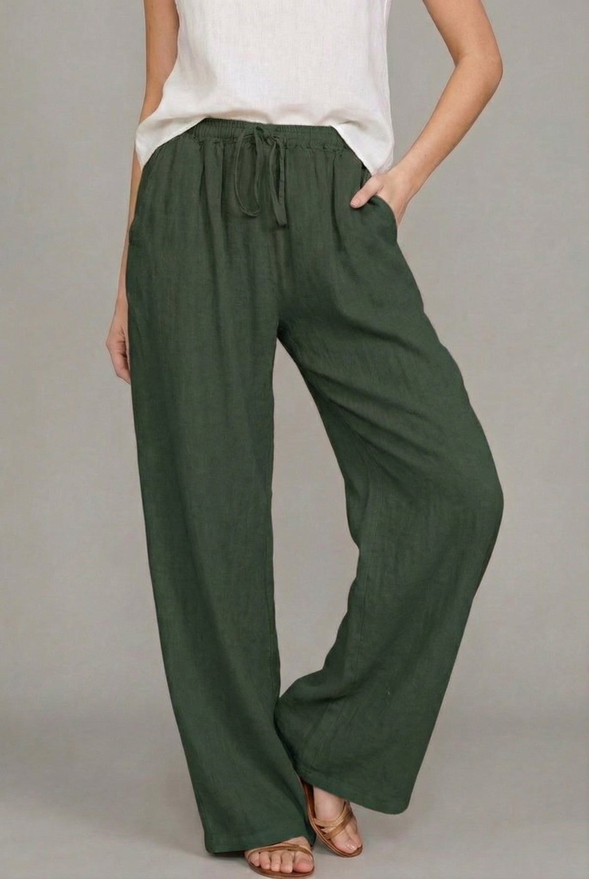 Nuvara | Abril | Pantalón de Lino Pierna Ancha Mujer Cintura Elástica Cordón