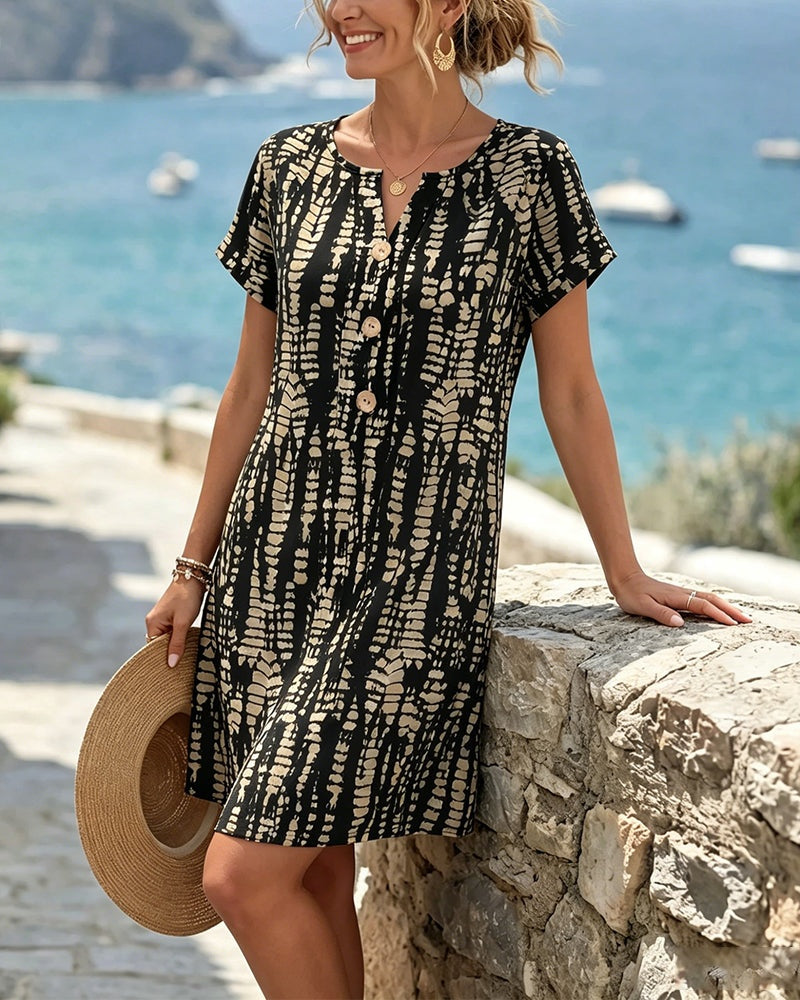 Nuvara Printed V-Neck Button Mini Dress