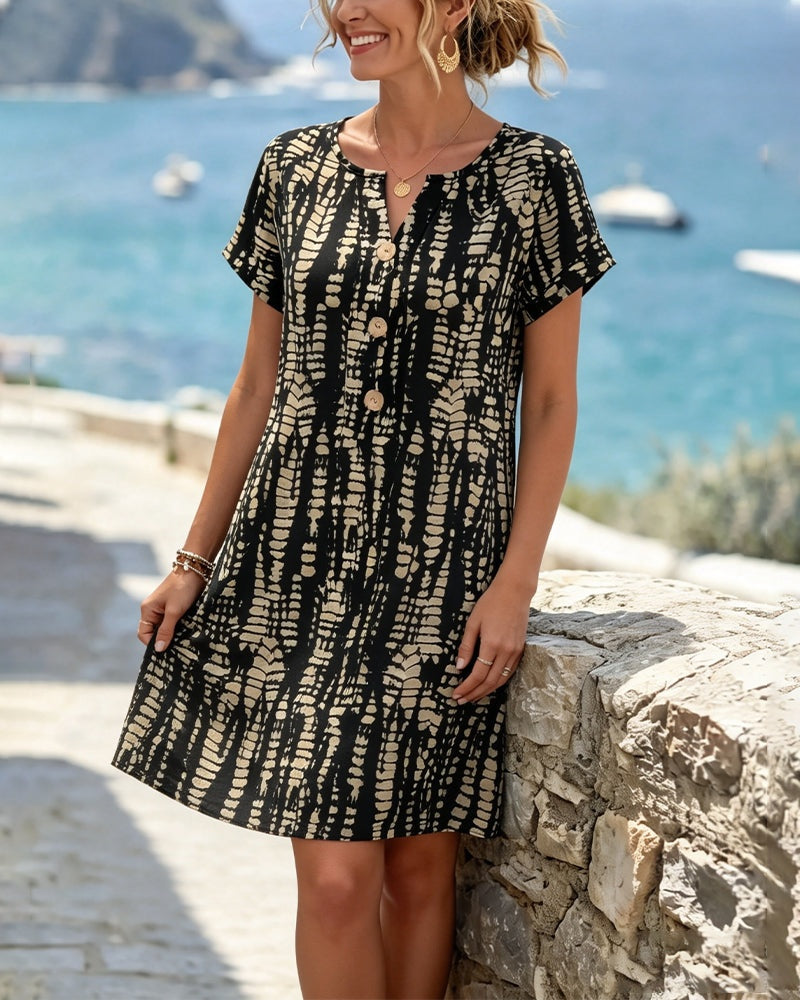 Nuvara Printed V-Neck Button Mini Dress