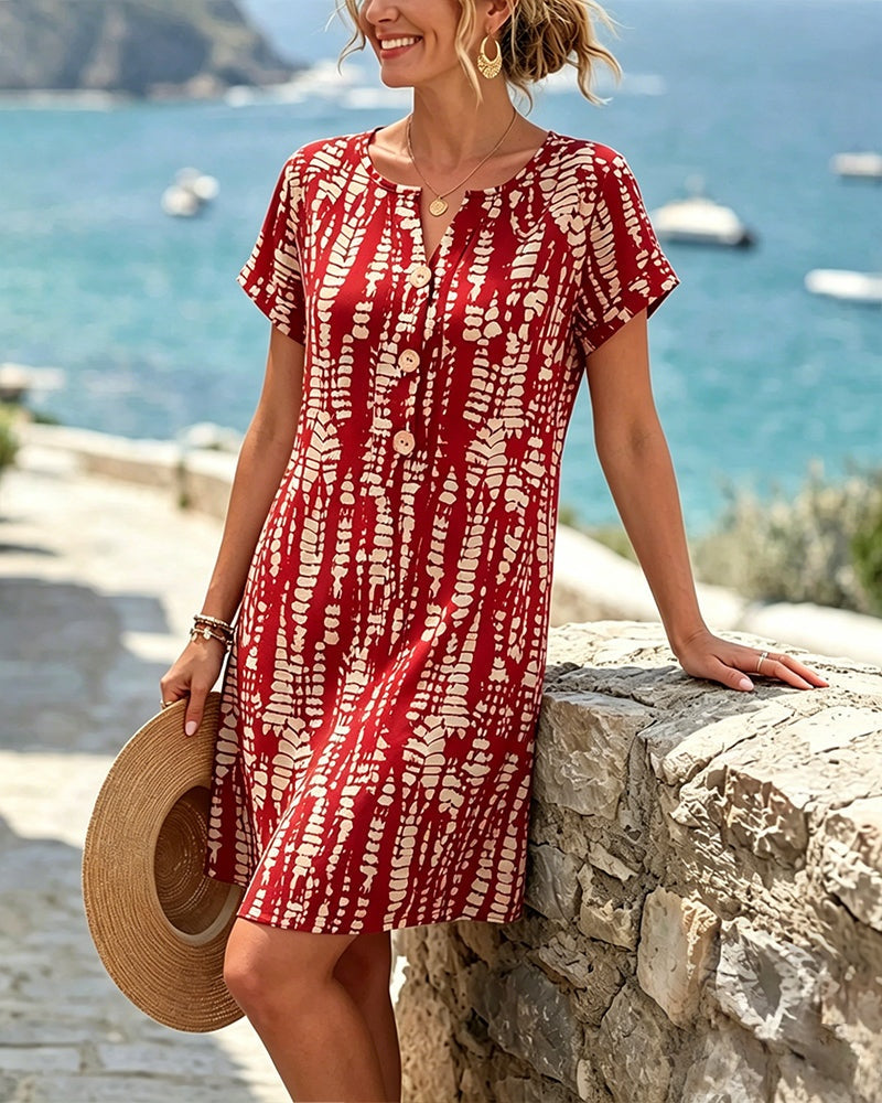 Nuvara Printed V-Neck Button Mini Dress