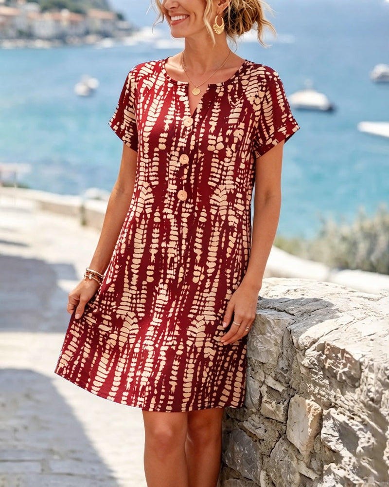 Nuvara Printed V-Neck Button Mini Dress