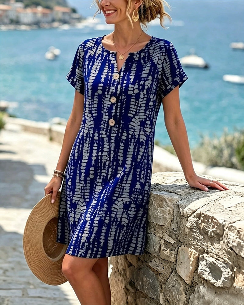 Nuvara Printed V-Neck Button Mini Dress