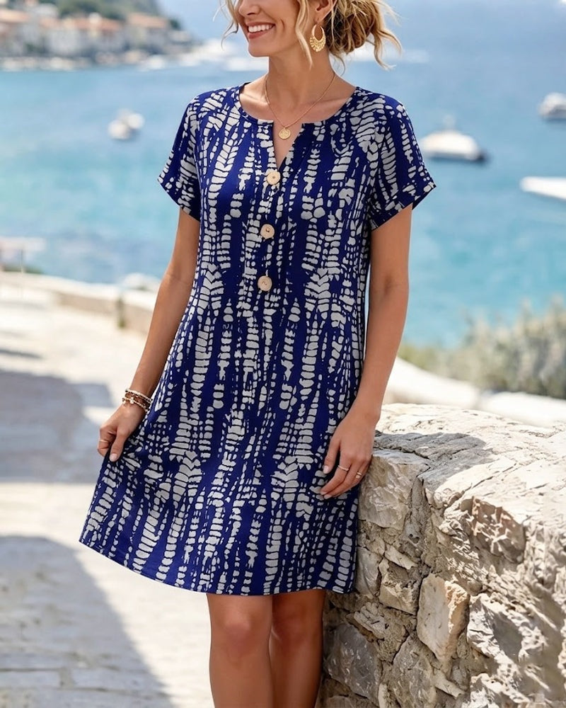 Nuvara Printed V-Neck Button Mini Dress