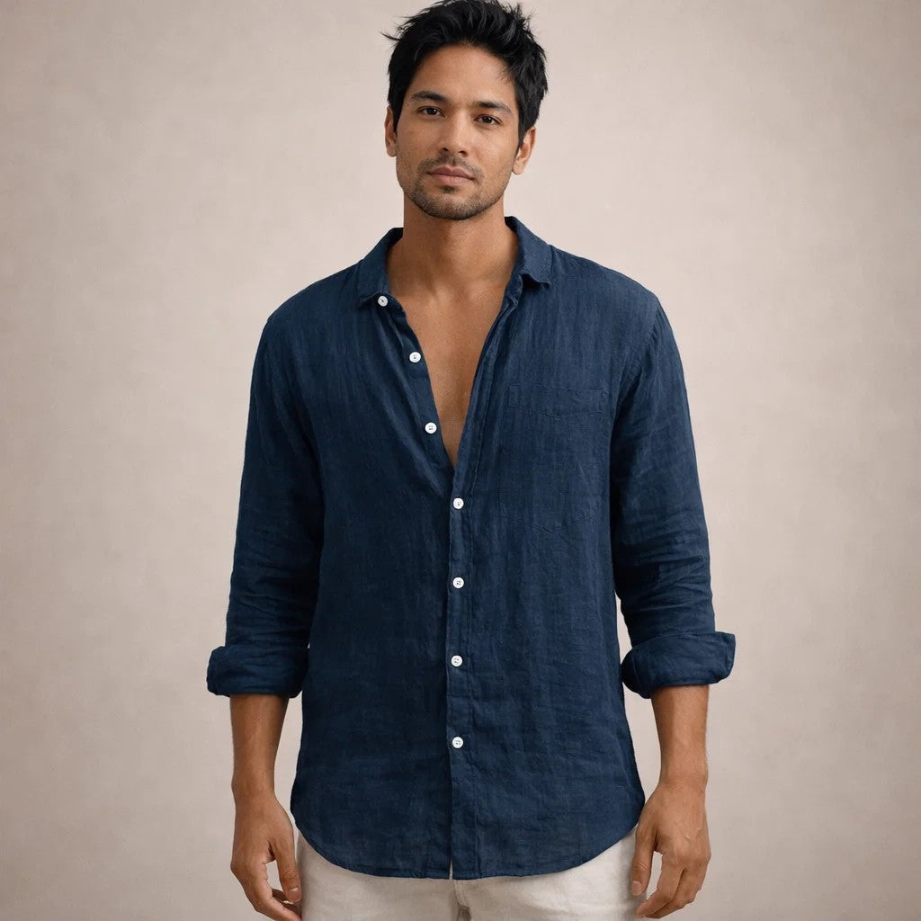 Adrián | Camisa de Lino de Manga Larga Hombre Cuello Abierto