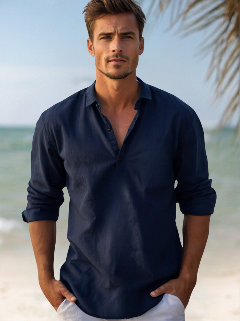 Adrián | Camisa de Lino de Manga Larga Hombre Cuello Abierto