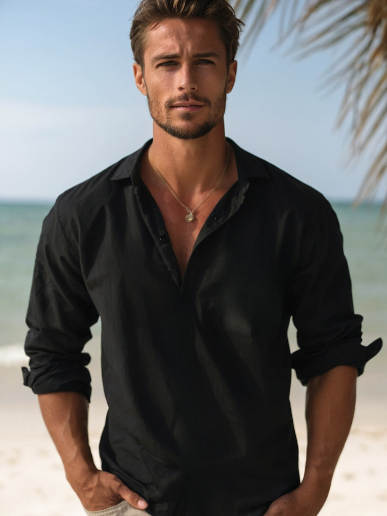 Adrián | Camisa de Lino de Manga Larga Hombre Cuello Abierto