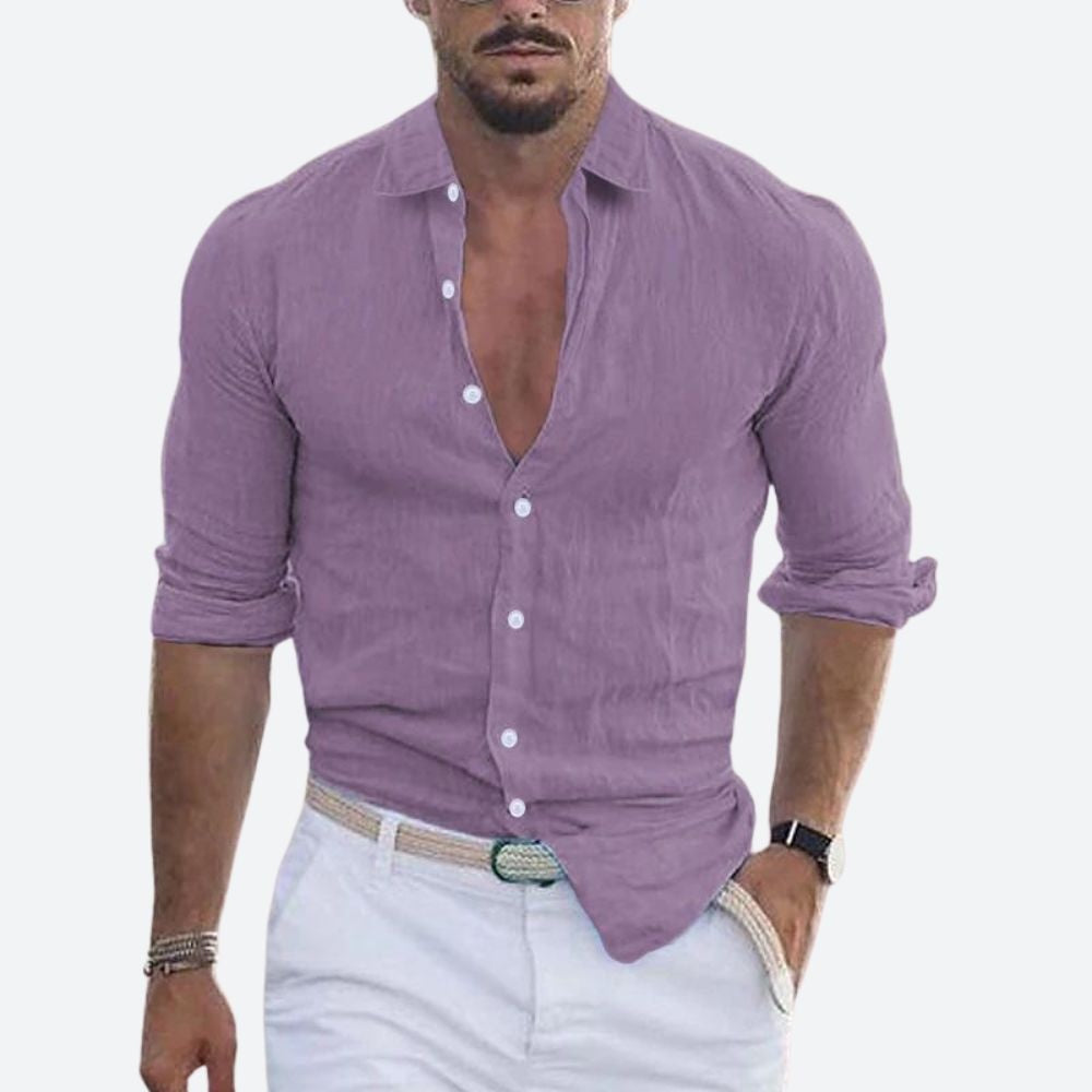 Aitor | Camisa de Lino de Manga Larga Hombre Cuello Abierto Slim Fit