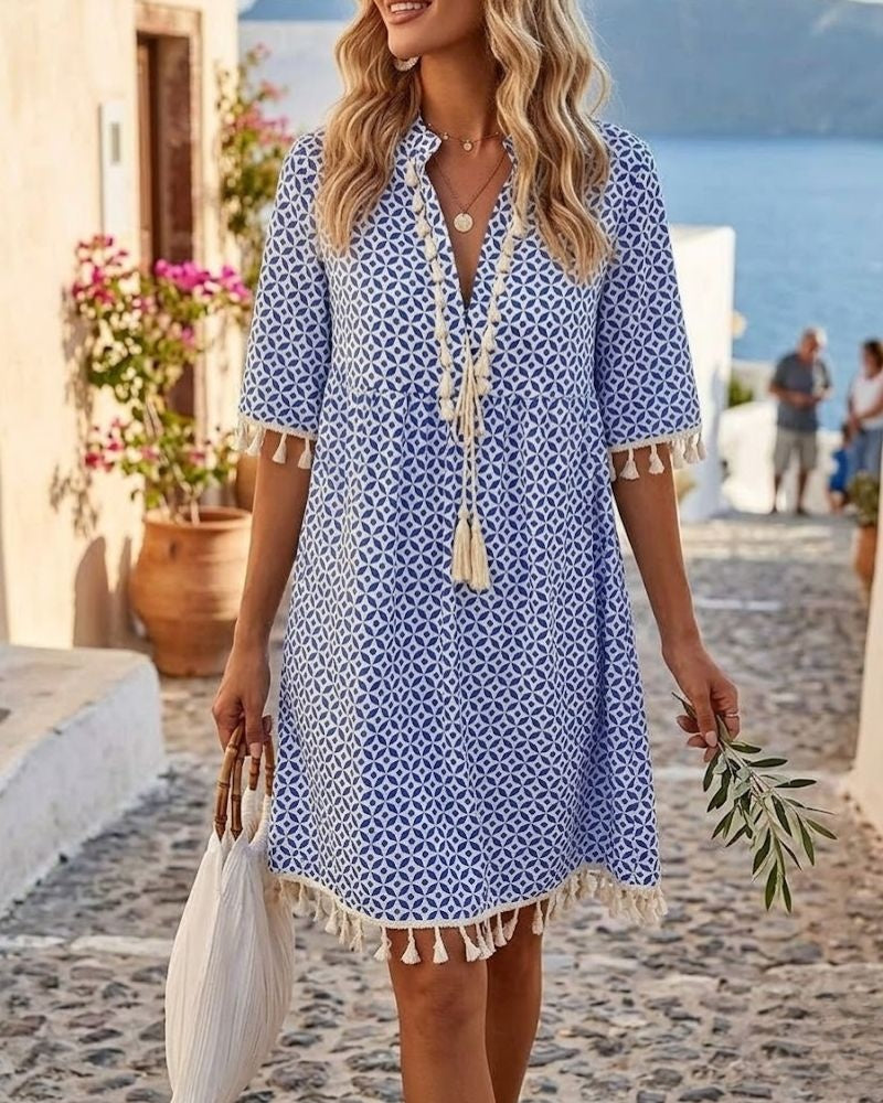 Nuvara Geometric Print Fringe Mini Dress