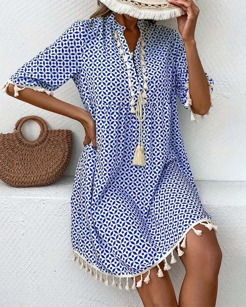 Nuvara Geometric Print Fringe Mini Dress