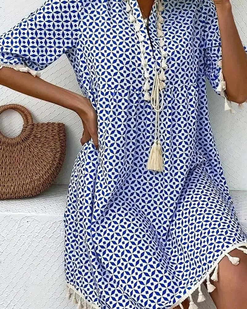 Nuvara Geometric Print Fringe Mini Dress