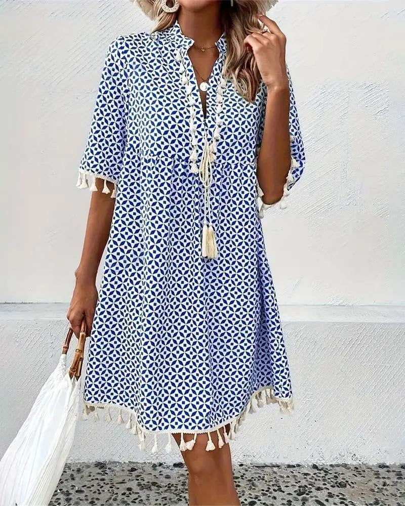 Nuvara Geometric Print Fringe Mini Dress
