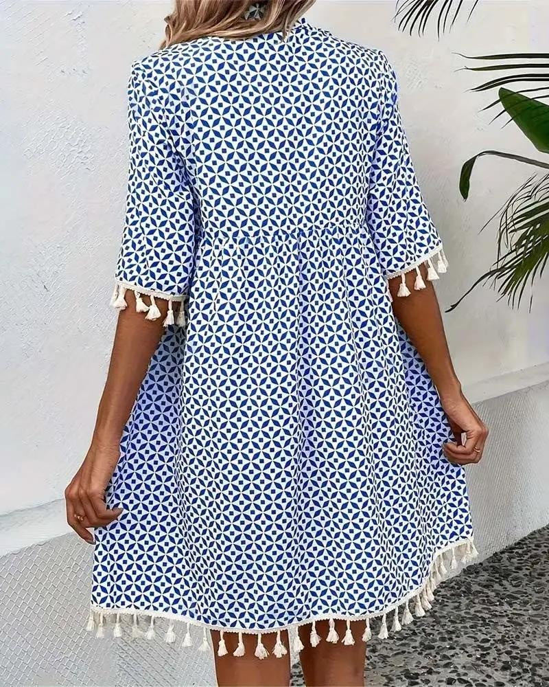 Nuvara Geometric Print Fringe Mini Dress