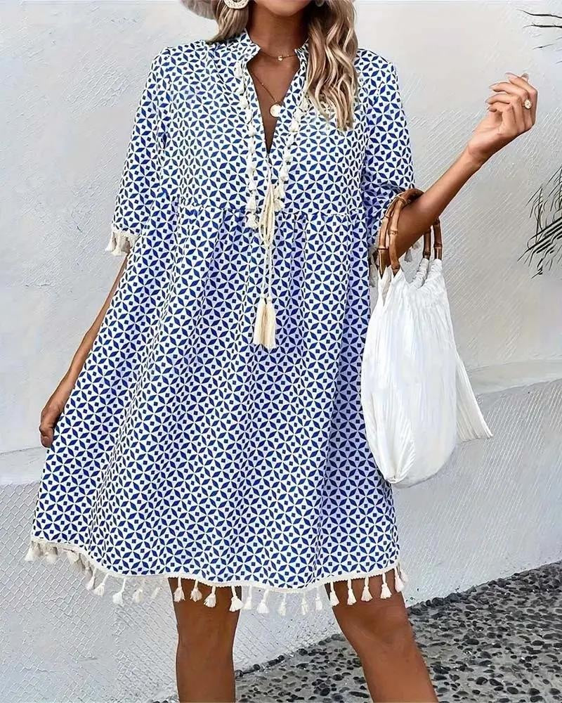 Nuvara Geometric Print Fringe Mini Dress