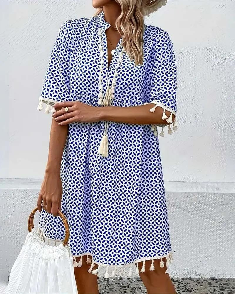 Nuvara Geometric Print Fringe Mini Dress
