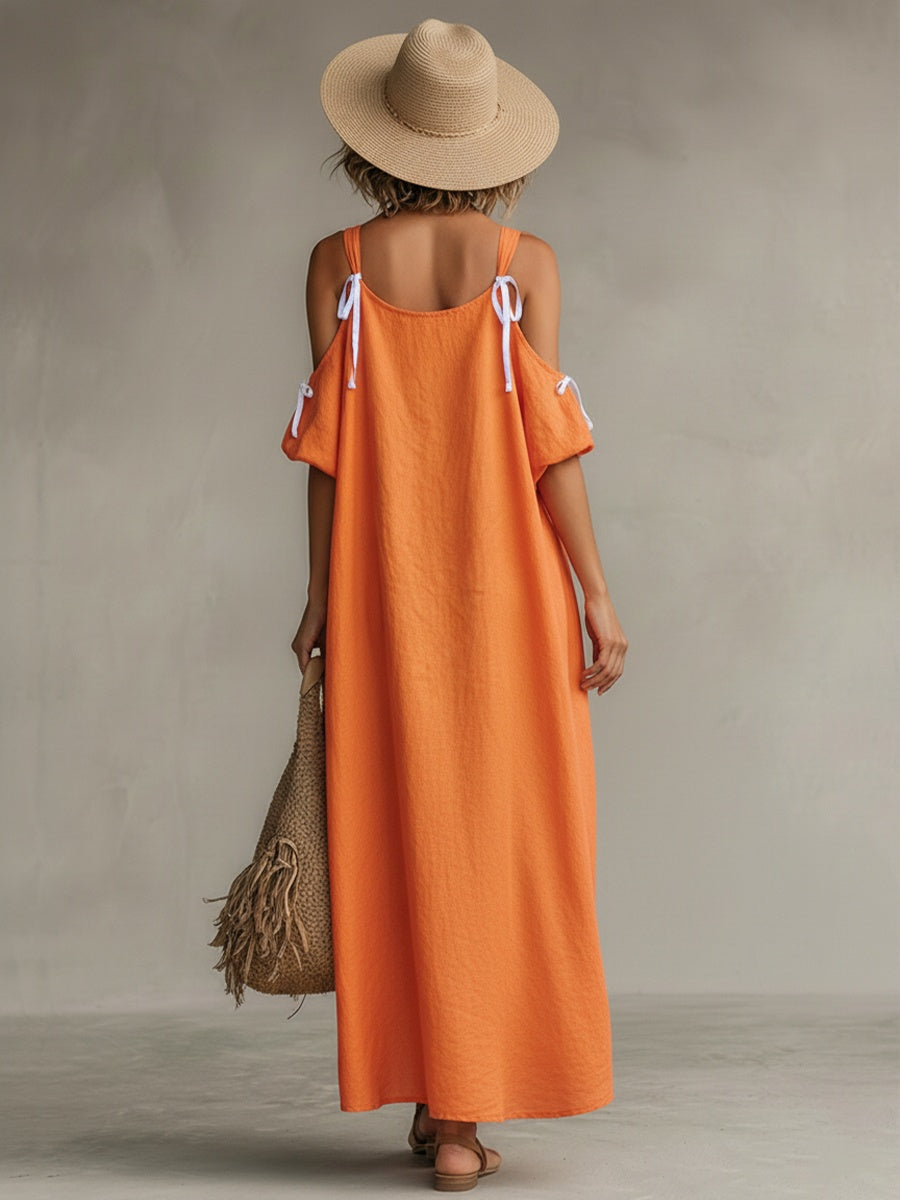 Nuvara Off-Shoulder Bow Strap Maxi Dress