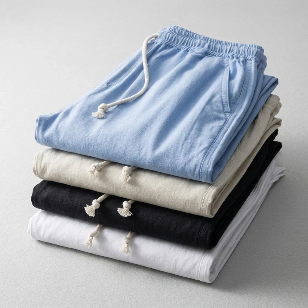 Nuvara | Andrés | Pantalón de Lino Hombre Cintura Elástica Cordón Pierna Ancha