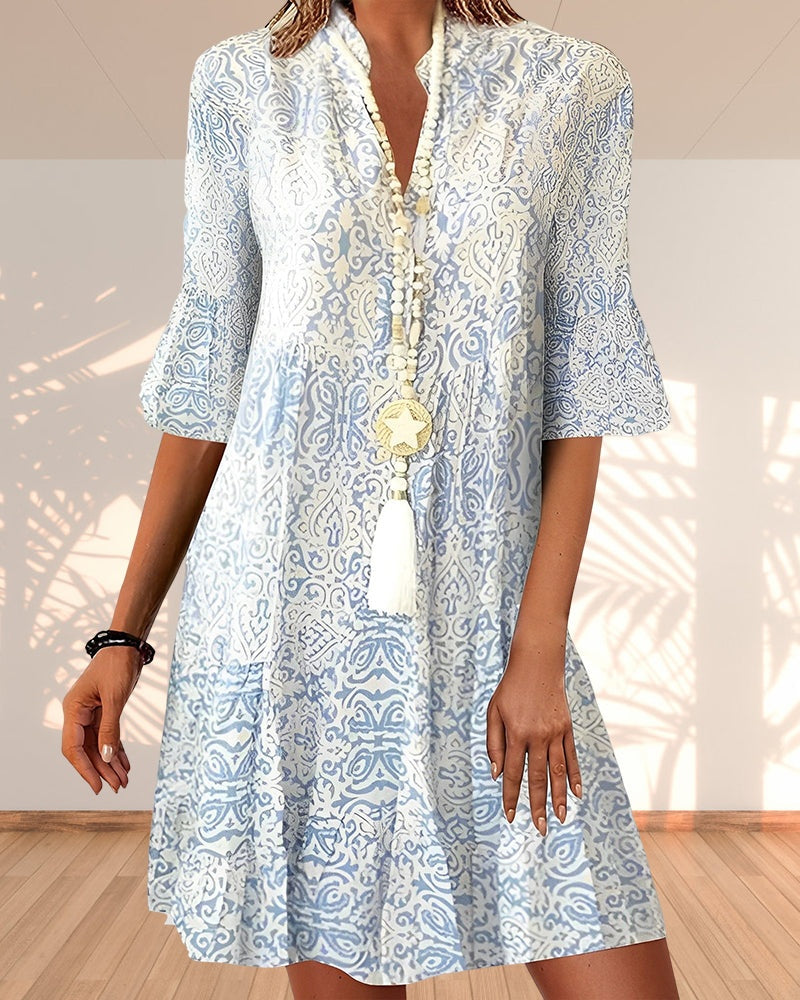 Nuvara Boho Bell Sleeve V-Neck Dress