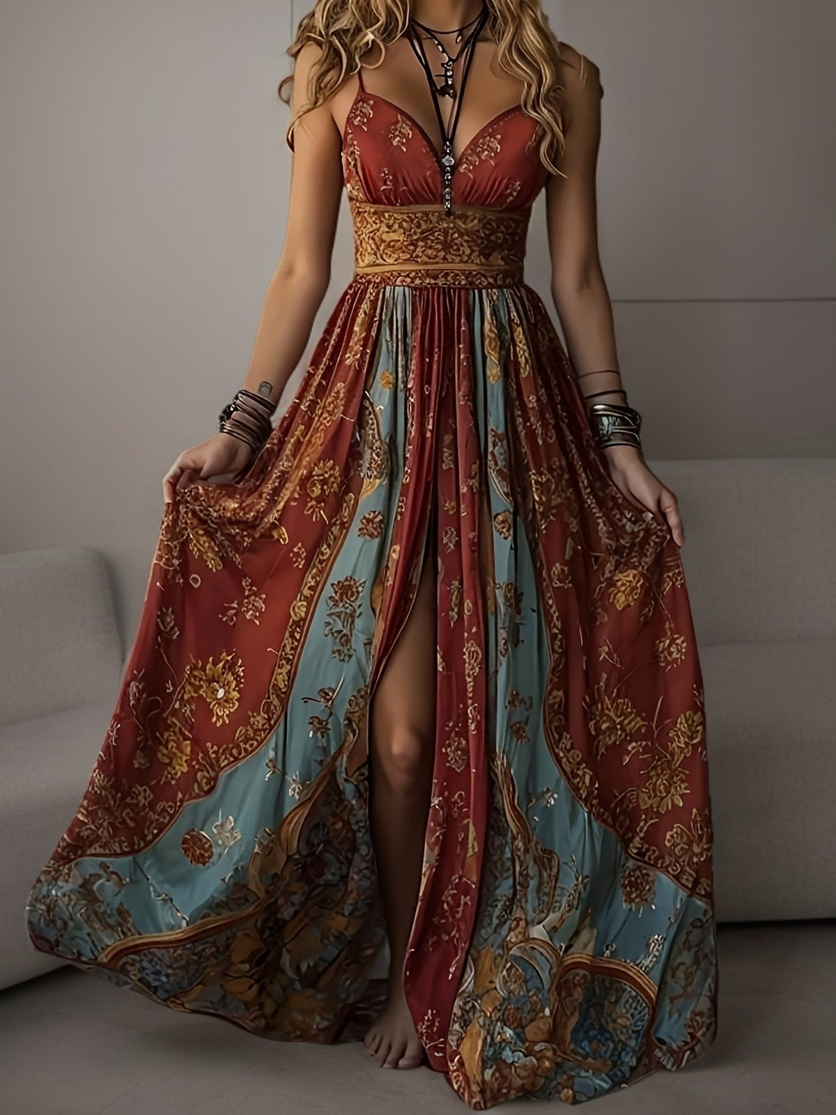 Nuvara | Ariadna | Vestido Largo Estampado Floral Boho Mujer Escote V Tirantes