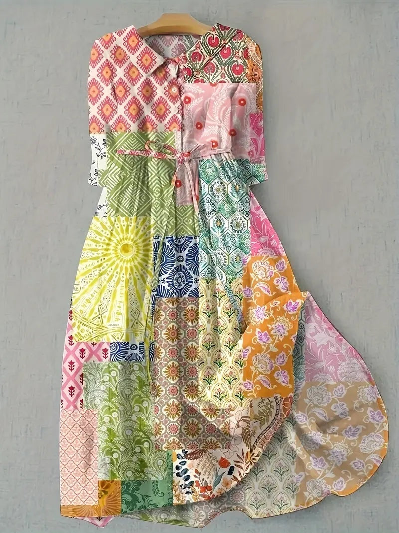 Nuvara | Ariadna | Vestido Largo Floral Mujer Manga Tres Cuartos Cinturón