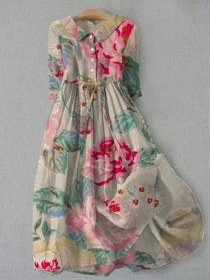 Nuvara | Ariadna | Vestido Largo Floral Mujer Manga Tres Cuartos Cinturón