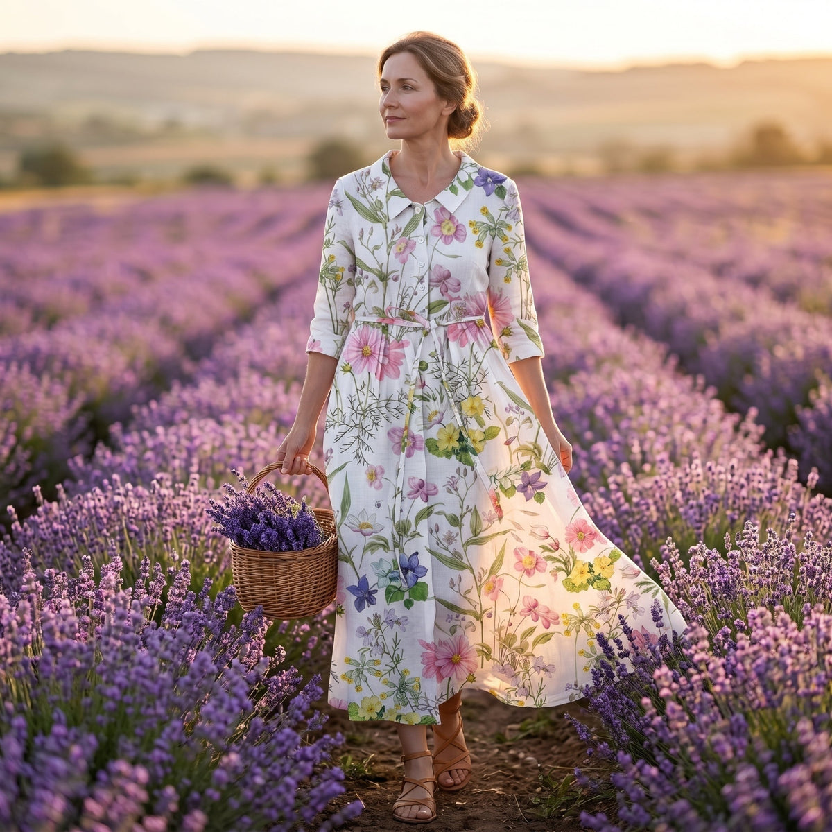 Nuvara | Ariadna | Vestido Largo Floral Mujer Manga Tres Cuartos Cinturón