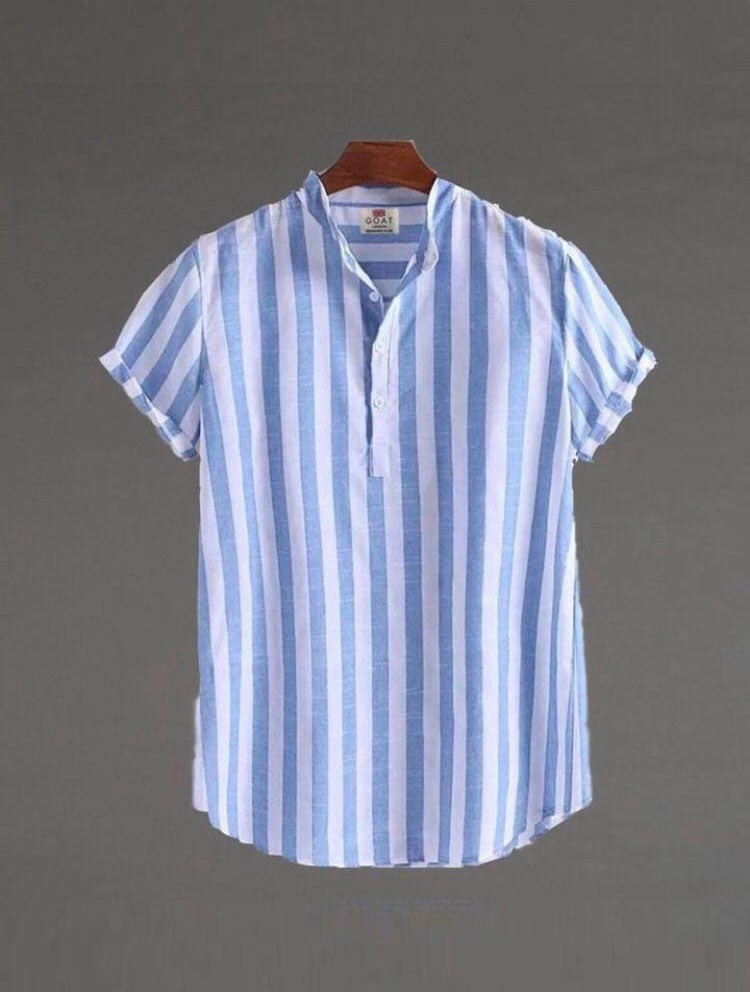 Arnau | Camisa de Lino de Manga Corta Hombre Rayas Cuello Mao